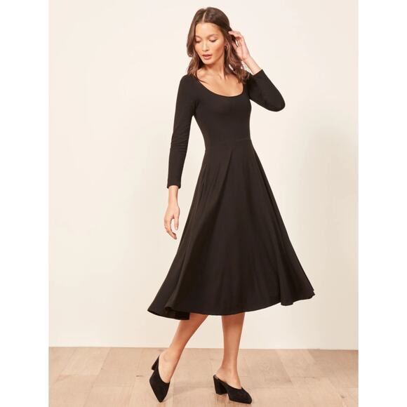 Reformation Dresses & Skirts - REFORMATION | Lou Fit and Flare Long Sleeve Midi Little Black Dress | Size Small